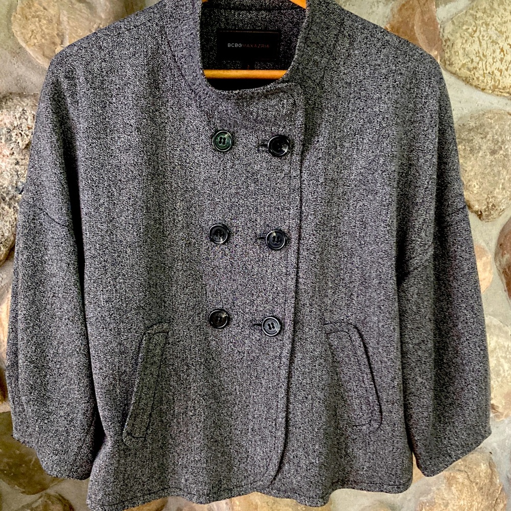CLASSY DESIGNER DOUBLE BREASTED BCBGMAXAZRIA BLACK AND WHITE TWEED JACKET SIZE L